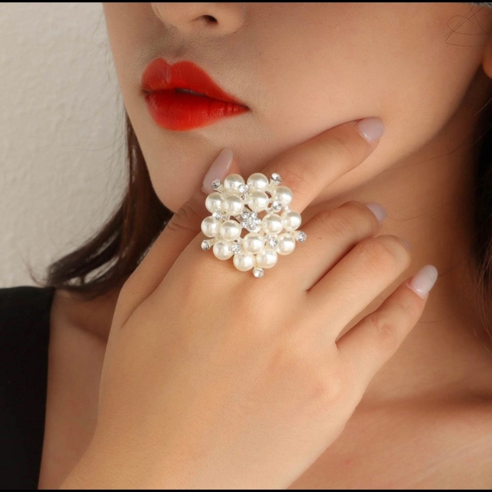 Boho Pearl Rings Wedding Beach Rhinestone Ring - Picture 2 of 4